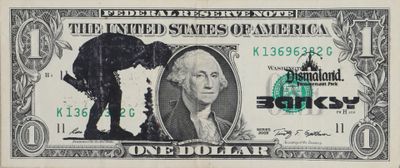 Banksy (d'aprs) - Dismaland Pochoir sur billet de 1$ amric…