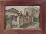 tableau représentant un vieux bâtiment au toit rouge et à la charpente marron