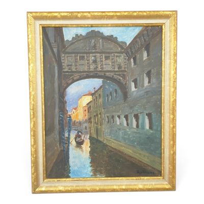 an oil painting of a boat passing under a bridge on a river