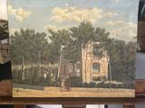un vieux tableau représentant une église au milieu d'une forêt