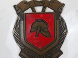 a red and black emblem on the side of a white car
