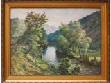 a painting of a river with trees in the foreground