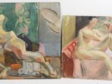two paintings of a woman sitting on a chair in front of a mirror
