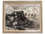 an image of a painting of a group of horses in a field