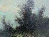 a painting of a river with trees in the background