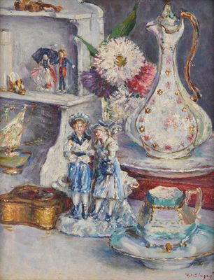 a painting of a vase and other items on a table