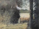une peinture représentant une zone boisée avec un lac en arrière-plan