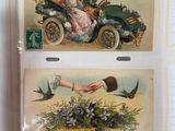 two old postcards of people riding in a car