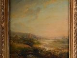 an oil painting of a landscape with a castle in the distance
