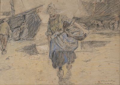drawing of a woman carrying a child on a beach with a boat in the background