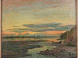 an oil painting of a sunset over a body of water