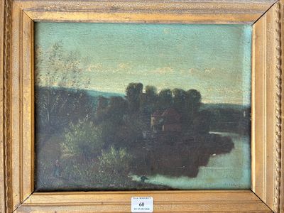 l'image d'une peinture représentant une rivière avec des arbres en arrière-plan
