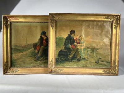 two paintings of a couple of people sitting on top of a white table