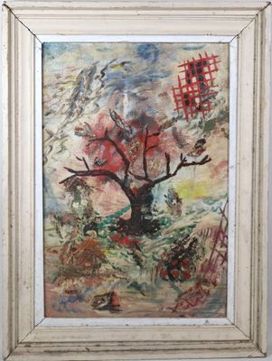 an oil painting of a tree with red leaves and a sky background