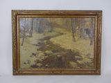 an oil painting of a man and a woman walking in the woods