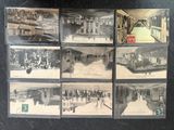 several black and white photographs of a train station with people on the tracks