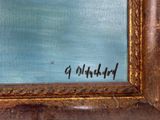 an oil painting of a blue sky with clouds in a gold frame