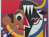 tableau représentant un homme coiffé d'un chapeau et tenant une cigarette, devant un fond rouge