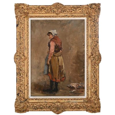 un tableau représentant une femme debout devant un mur