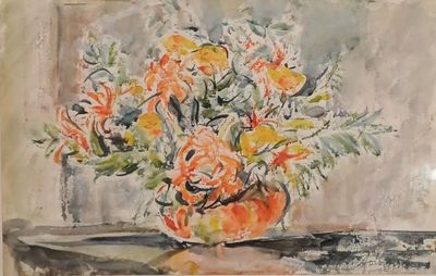 une aquarelle représentant un vase de fleurs posé sur une table