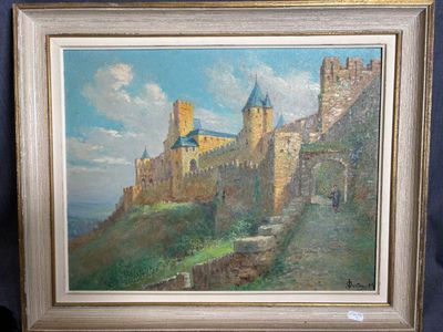 une peinture à l'huile représentant un château sur une colline, avec un ciel bleu en arrière-plan