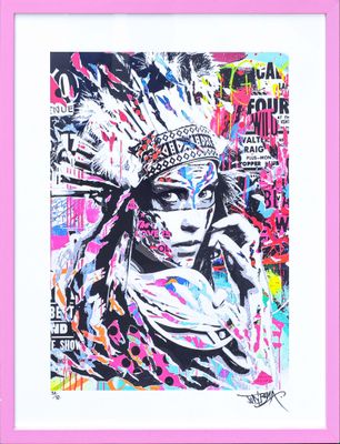 a painting of a woman wearing a headdress and feathers on her head