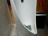 a urinal in the corner of a bathroom with a green floor