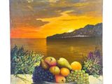 une peinture représentant une coupe de fruits sur une table