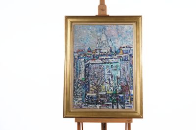 a picture of a painting on a easel with a white background