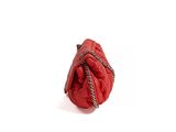 the small red bag is sitting on a white surface with a chain around it