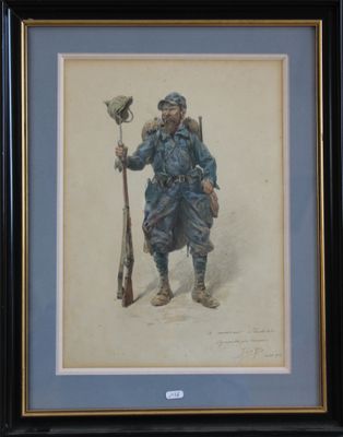 tableau représentant un soldat tenant un fusil et un chapeau