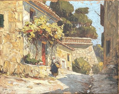 an oil painting of a woman walking down a street past a stone building