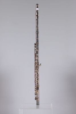 a silver flute on a clear stand with a white background