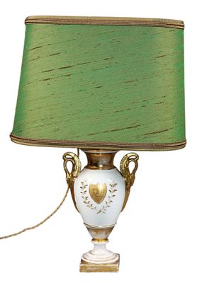 a lamp that has a green shade on top of it