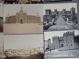 several old black and white photos of old buildings and a bridge