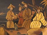 a painting of a group of people standing around a table