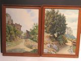 two paintings of a country road and a house on a hill