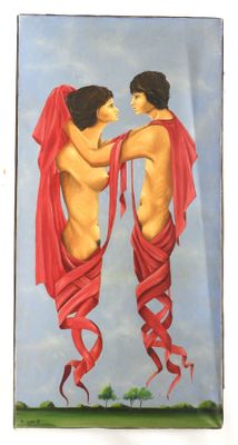 painting of two naked women wrapped in red fabric with a tree in the background