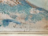 a painting on the wall of a building that has been painted blue and white