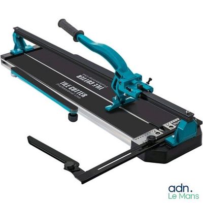 a close up of a blue and black tile cutter on a white background