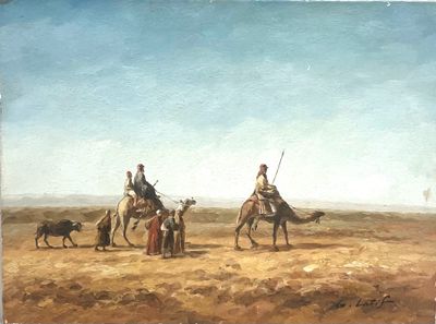 un tableau représentant un groupe de personnes à dos de chameau