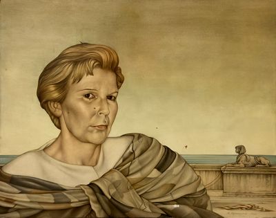 painting of a woman wrapped in a blanket sitting on a bench
