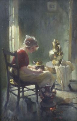 tableau représentant une femme assise sur une chaise devant une lampe