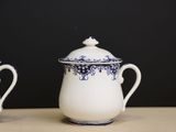 two white and blue teapots sitting next to each other