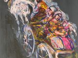 une image représentant un tableau où l'on voit un homme dans une calèche tirée par un cheval
