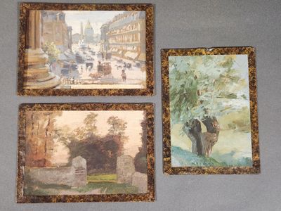 three paintings hanging on the wall of a room with a couch