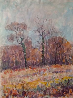 an oil painting of a field with trees in the background