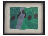 tableau abstrait vert et noir parsemé de points noirs