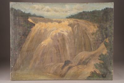 an oil painting of a waterfall in the middle of a forest