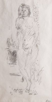 dessin au crayon représentant une femme debout devant un miroir